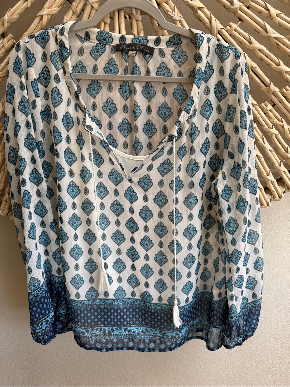 Rose & Olive Blue White Boho Print Tassel Blouse, size Medium - Picture 2 of 5